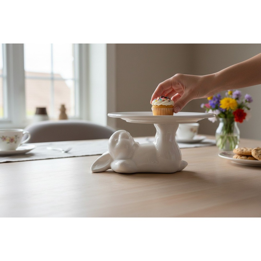 Bunny Rabbit Pedestal Cake Stands White Very Good 8in